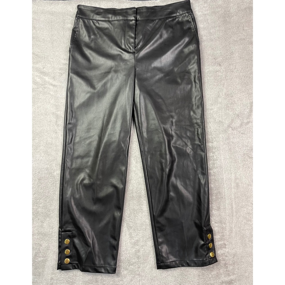 Ruby Rd Faux Leather Pants Women Size12 Black Gold Button Cuff Crop Elastic Back